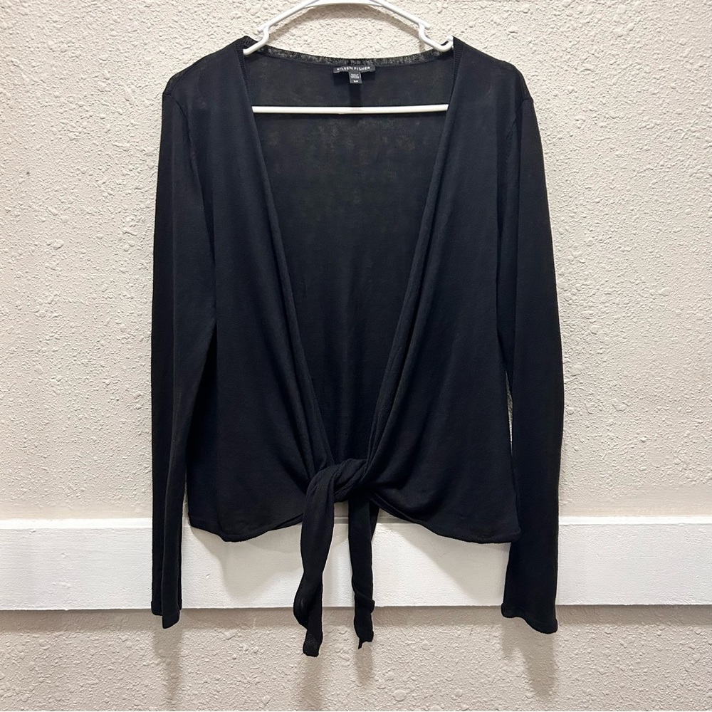 Eileen Fisher Black Tie Front Cardigan Sweater Silk/Linen Small